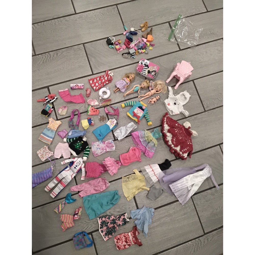 Barbie Chelsea Doll Clothes Accessories Lot Shoes Sweaters Tin Chair 50+ Pc